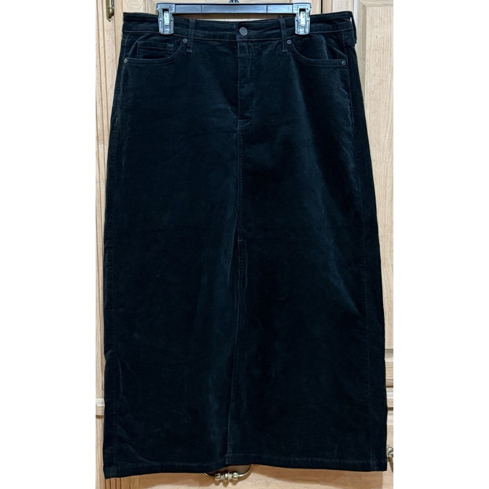 NYDJ High-Rise Long Corduroy Skirt Women's Size 12 Black Stretch Front Slit Maxi